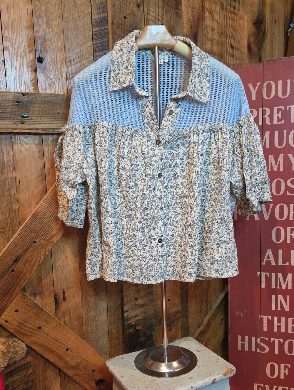 088p POL Light Blue Floral Knit Yoke Top